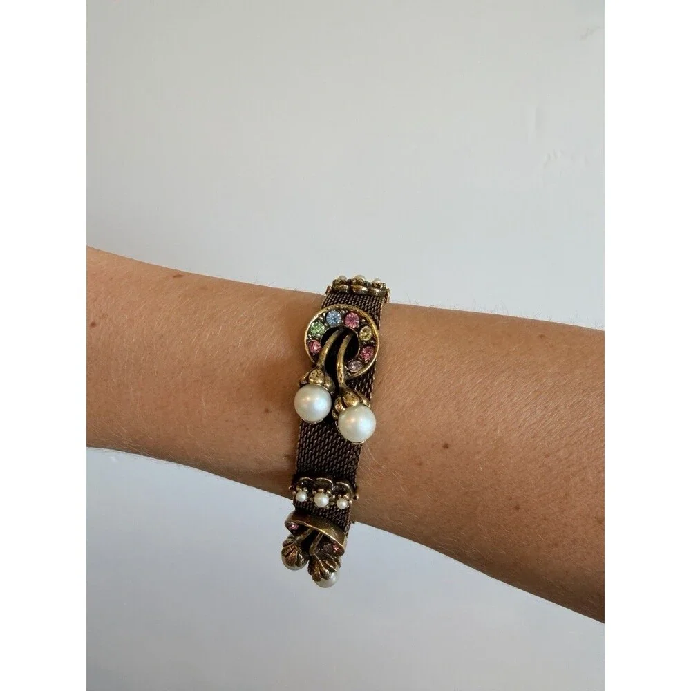 Vintage 1940s Multi-colored Diamante And Pearl Mesh Bracelet